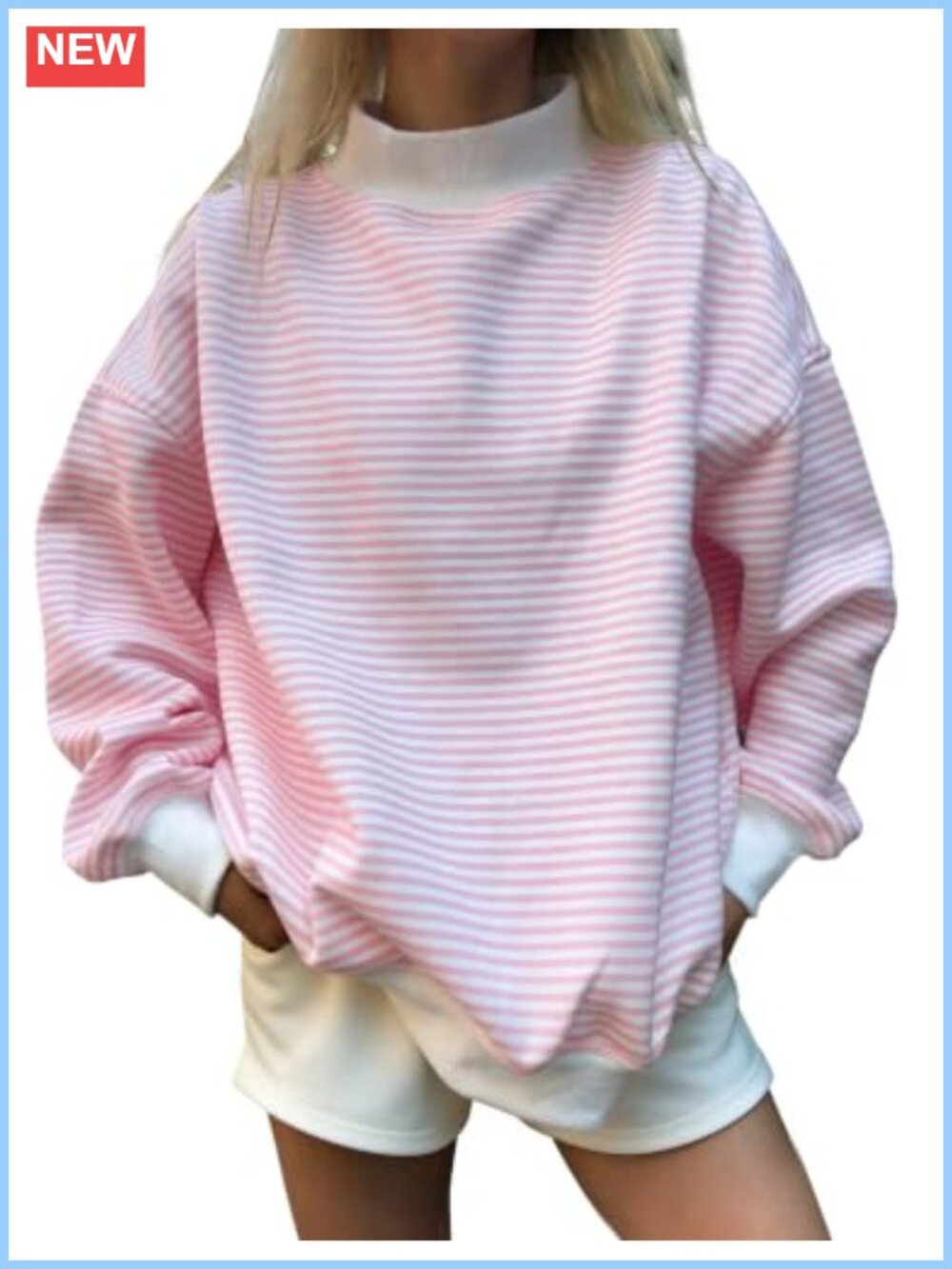 Oversized Mockneck Sweatshirt Striped Long Sleeve Cotton Blend Pullover